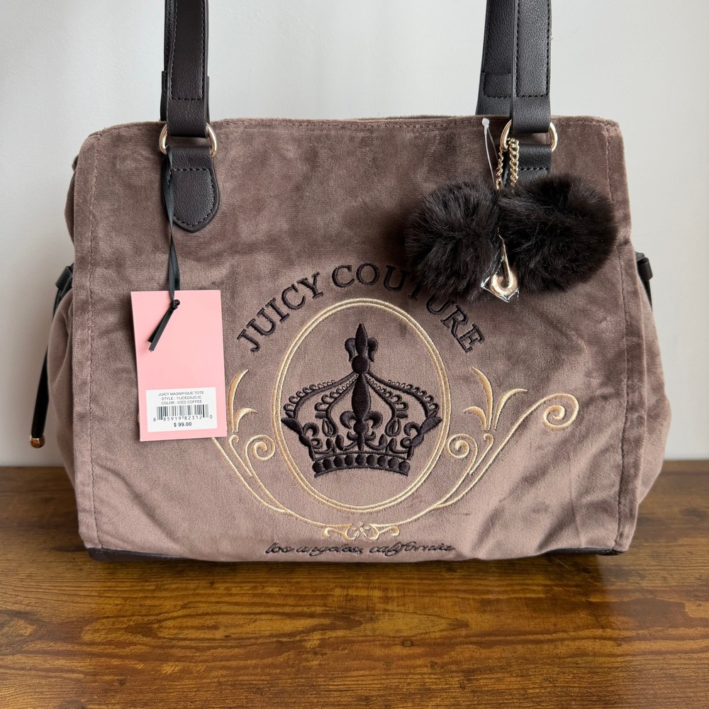 New Juicy Couture Magnifique Brown Tote Shoulder Handbag Y2K Pom Charm Crown